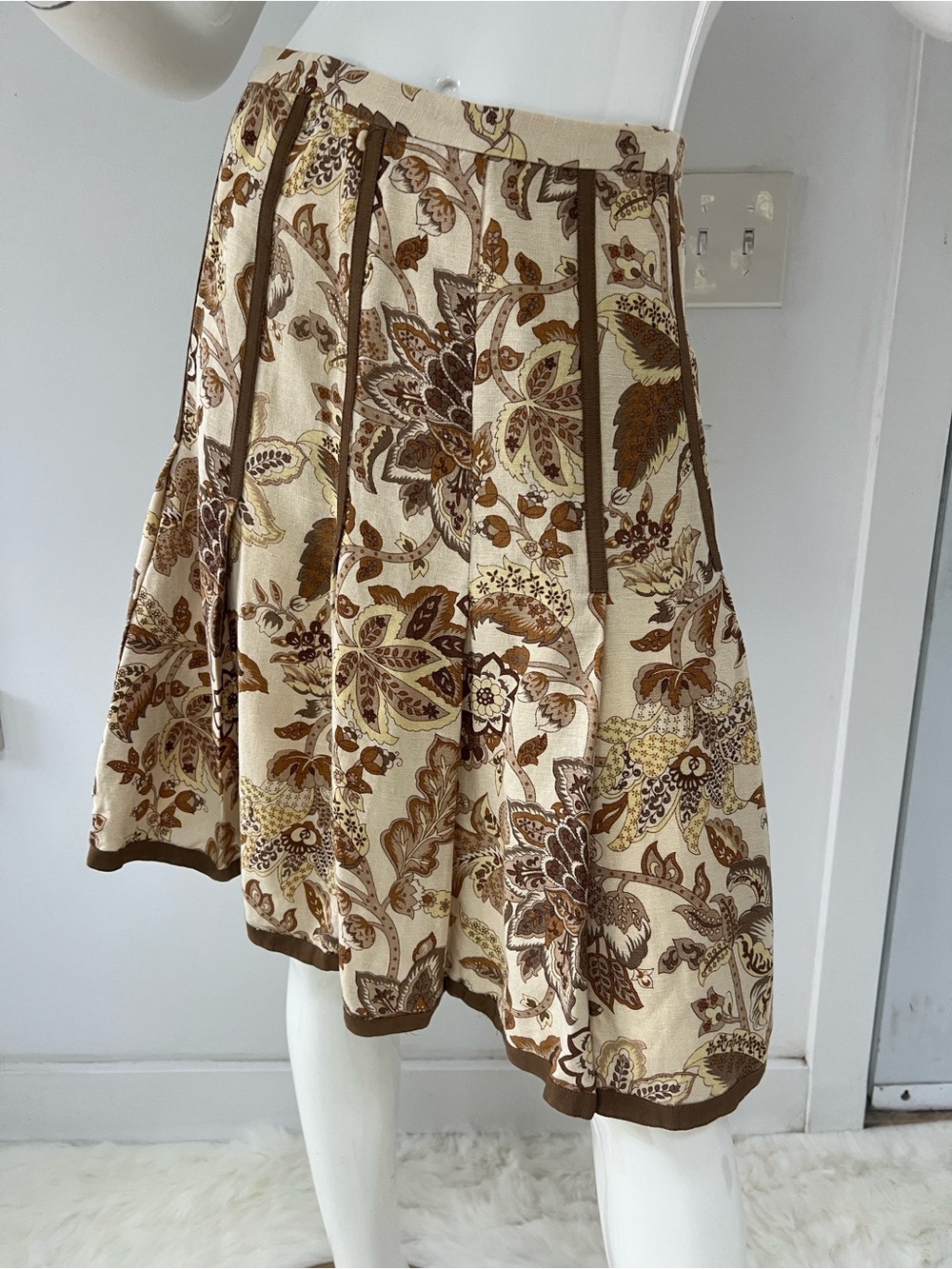 Etcetera Linen Silk Floral Pleated A line Paisley Midi Skirt